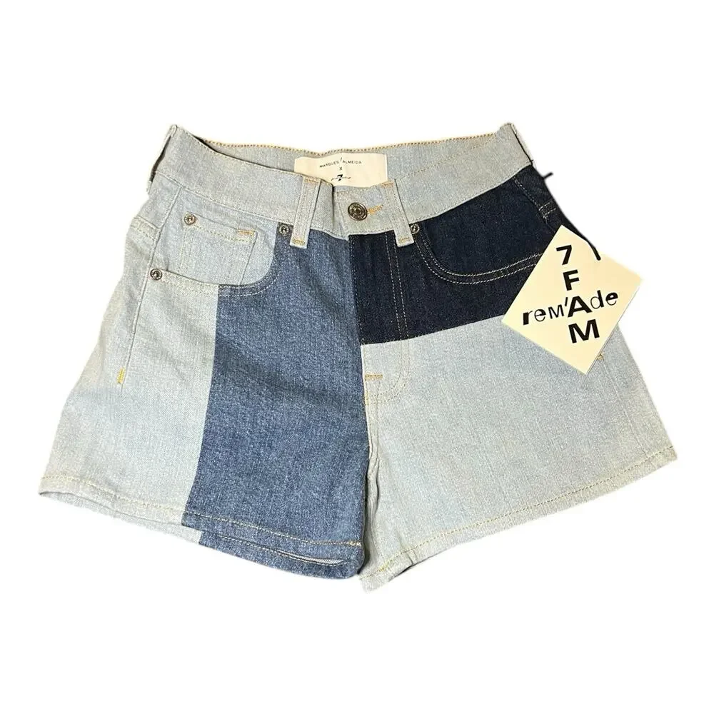 NWT 7 For All Mankind X Marques Almeida Denim Patchwork Short Rem’ade RARE Sz 23